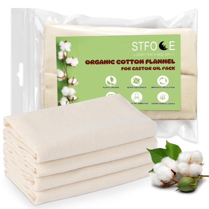 STFOCE 4pcs Organic Cotton Flannel for Castor Oil Pack Natural Unbleached Soothing Heat Compress for Liver Abdomen Joints Highly Absorbent for a NightgownLike Comfort 1 Count Pack of 4
